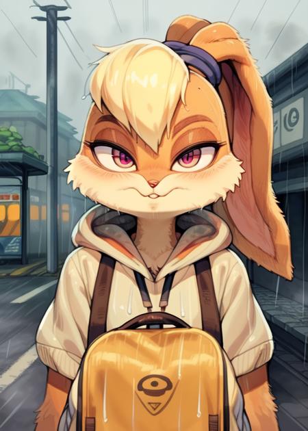 (by Kemokin Mania, by Rikose, by Tofu Froth, by Studio Ghibli),
(solo, lola bunny:1.3),
(hood jacket, front view, half-length portrait, school bag:1.15),
(bus station, foggy, raining, road, plant:1.25),
masterpiece, best quality, ultra realistic, 4k, 2k, (intricate:0.9), (high detail:1.25)