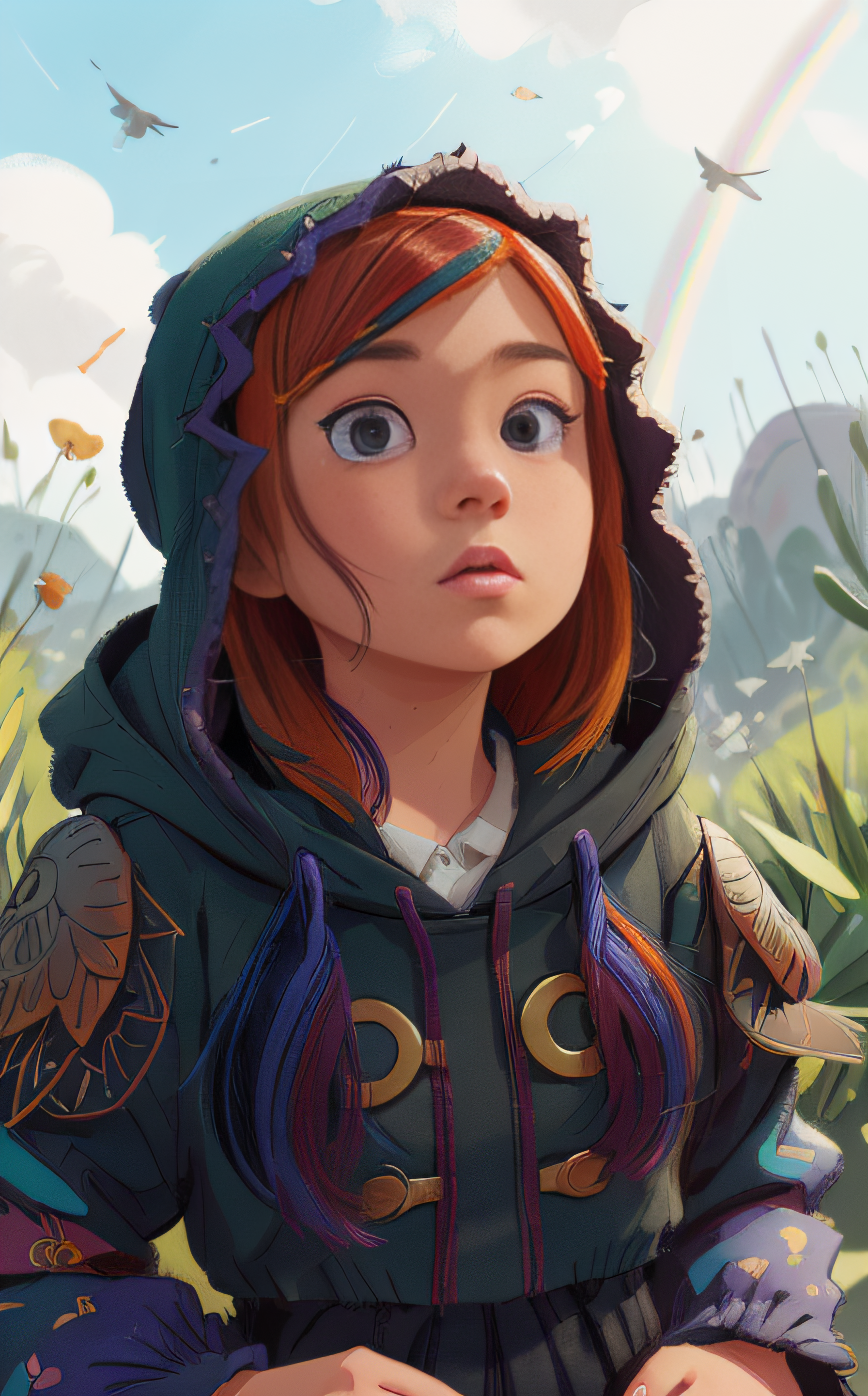 concept art ((best quality)), ((masterpiece)), (detailed), A captivating solo portrait of a girl with a vibrant hood and (multicolored hair:1.2), gazing directly at the viewer with an intense expression. Camera angle: Close-up, eye-level shot, highlighting the mesmerizing colors of her rainbow hair and the intricacies of her hood.
<lora:epi_noiseoffset2:1>  <lora:COOLKIDS_MERGE_V2.5:1> . digital artwork, illustrative, painterly, matte painting, highly detailed