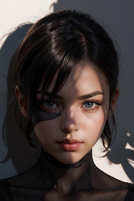 Photo portrait of a pensive young brunette woman with sparkling eyes, detailed skin, (half her face concealed in shadow:1.4), tight close up on face, dark background, side lighting revealing her gaze, eye level, in the style of Nathan Wirth,