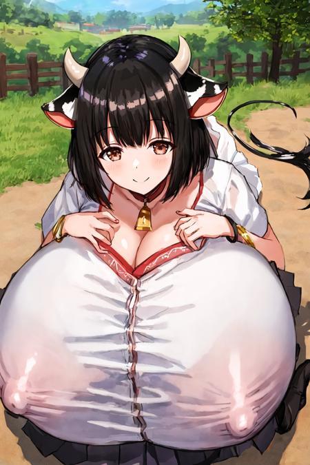 cow maiden \(maoyuu\), 1girl, cow tail, black hair, cow ears, solo, cow girl, white skirt, cow horns, brown eyes, short hair, smile, pleated skirt, outdoors, short sleeves, bangs, (gigantic breasts), hyperbreasts, white shirt, bracelet, covered nipples, <lora:CowMaiden:0.6>, <lora:hyperfusion_213k_32dim-LoCon-epoc6-v5:1>