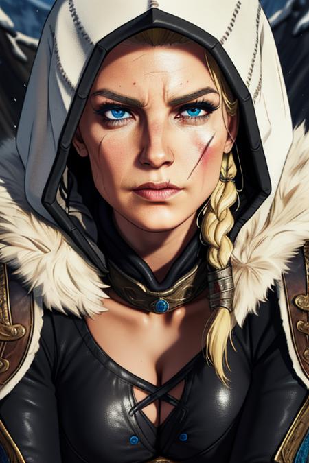 Eivor, scar on face,blonde hair, upper body,  close up, serious, 
EivGear,armor , leather armor, abs, fur trim,jewelry,boots, pants, hood up,  cleavage, 
Nordic, wooden house, cold weather,  sitting in a tent,  
(insanely detailed, beautiful detailed face, masterpiece, beautiful detailed eyes, best quality)   <lora:Eivor-10:0.8>