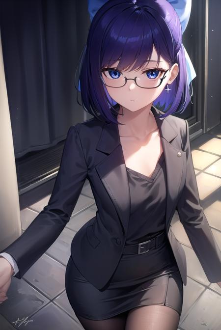 achanhololive, <lora:achan hololive-lora-nochekaiser:1>,
achan hololive, ahoge, purple hair, black-framed eyewear, blue eyes, glasses, hair bow, half updo, medium hair, short hair, sidelocks, (swept bangs:1.5), (flat chest:1.2),
BREAK black jacket, black pantyhose, black skirt, black thighhighs, blazer, blouse, buttons, collarbone, collared shirt, dress shirt, earrings, formal, jacket, jewelry, lanyard, office lady, pantyhose, pencil skirt, popped collar, shirt, shirt tucked in, short sleeves, skirt, skirt suit, suit, thighhighs, tie clip, white shirt
BREAK indoors, office,
BREAK looking at viewer, (cowboy shot:1.5),
BREAK <lyco:GoodHands-beta2:1>, (masterpiece:1.2), best quality, high resolution, unity 8k wallpaper, (illustration:0.8), (beautiful detailed eyes:1.6), extremely detailed face, perfect lighting, extremely detailed CG, (perfect hands, perfect anatomy),