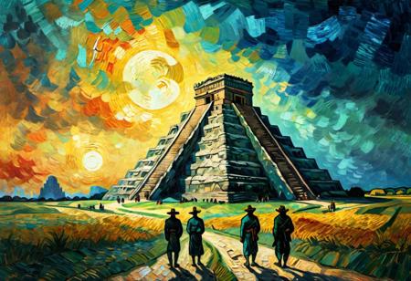 pyramids Chichn Itz, digital painting, silhouetted figures, moody atmosphere, warm and cool color contrast, masterpiece by van gogh, 4k textures, ultra detailed