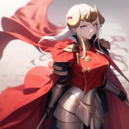 1girl, highres, masterpiece, ((edelgard emperor)), fullbody, standing, detailed face, perfect face battlefield, medieval, anime style, upper body, armor