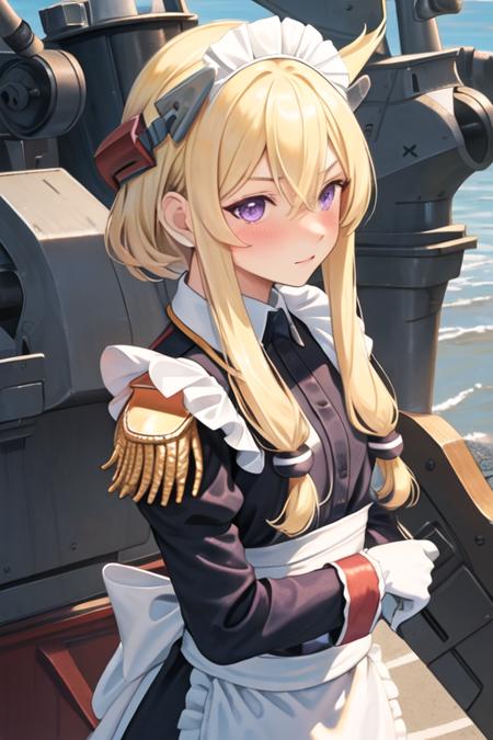 best quality, masterpiece, highres, solo, {maid:1.40}, {long maid dress:1.15}, {warspite_azurlane:1.15}, blonde_hair, long_hair, purple_eyes, bangs, hair_between_eyes, blush, headgear, sidelocks, epaulettes