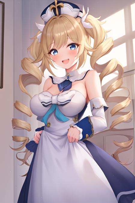 masterpiece, best quality, highres, solo, {barbara_genshin:1.10}, blonde_hair, blue_eyes, twintails, bangs, long_hair, drill_hair, twin_drills, blush, hat, smile, breasts, open_mouth, white_headwear, bow, hair_ornament, medium_breasts