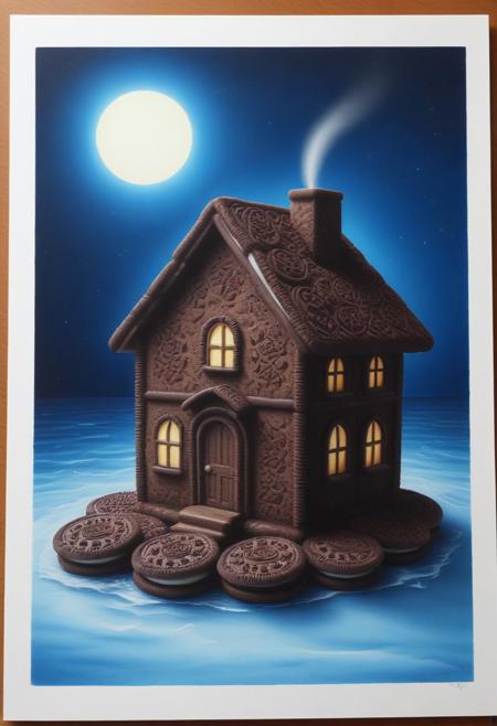 glowing light, sea, house made of creamy cookies, (masterpiece:2.0), high quality, ink sketch style, high detailed, watercolor. blue aura, zero gravity,
