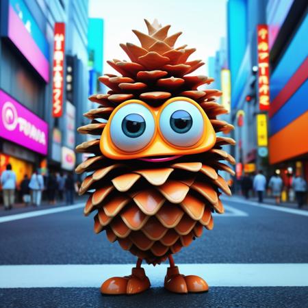 A happy pine cone with big eyes walks through a colorful, futuristic Pixar-style Tokyo, high detailed pone cone, dramatic, extremely detailed, intricate, elegant, raw photo, 4k, masterpiece 