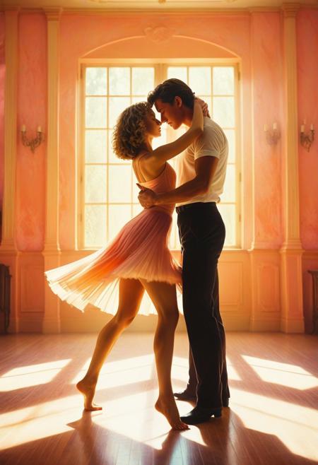 Neo-Impression, broad brush strokes, Centered, A figure gracefully turning in a dance, bathed in soft, ethereal light, based on the dirty dancing movie, sharp focus, symmetrical and maximalist, duotone color grading, refined, defined, highly detailed, follow negative prompts,