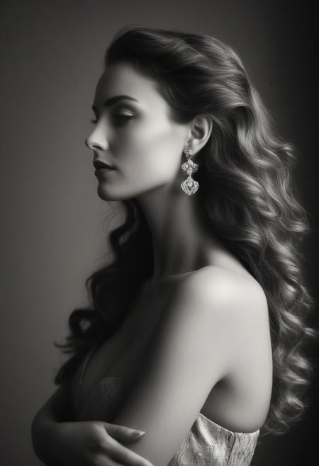 A black and white photograph of a beautiful woman with long, wavy hair standing in profile. She is posing with her arms crossed over her chest, and she is wearing prominent, stylish earrings. The image has a high contrast with soft lighting that casts gentle shadows, highlighting her form and features. The background is plain and unobtrusive, focusing attention entirely on the subject. The mood of the image is elegant and artistic