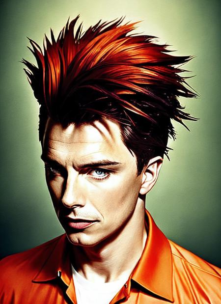 modelshoot style, portrait of sks person by Flora Borsi, style by Flora Borsi, bold, bright colours, orange Mohawk haircut, ((Flora Borsi)), <lora:locon_john_v1_from_v2_64_32:1.4>