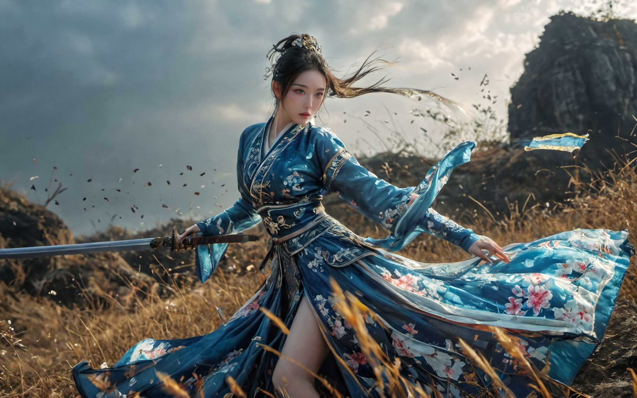 XUER martial arts style,1girl,solo,long hair,black hair,long sleeves,holding,standing,weapon,outdoors,sky,solo focus,cloud...