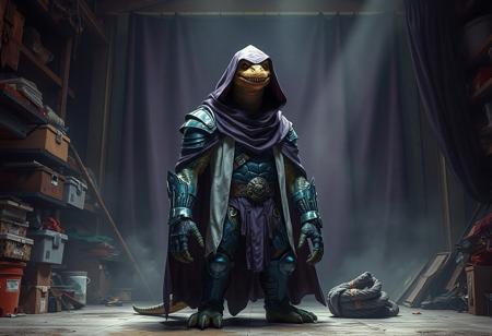 "Create a high-definition, lifelike image of a Junk Warrior, a reptilian figure standing in a cluttered garage, inspired by theCHAMBA and styled with a purple and white cloak. The warrior should have blue armor, a dark hood, and be positioned in front of a dark magic curtain. The setting is a coliseum, and the image should have a candid, 90s photo style. The image should be detailed, with geometric lines and soft room lighting, and be suitable for use as a product view or concept art, potentially as an NFT or featured on DeviantArt."