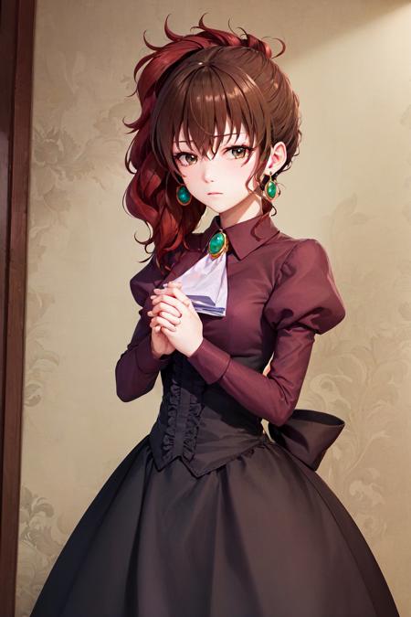 (masterpiece, best quality:1.2), <lyco:umineko_ushiromiyanatsuhi-10:0.9>, cowboy shot, solo, 1girl, ushiromiya natsuhi, expressionless, looking at viewer, own hands together, side ponytail, dress, ascot, puffy sleeves, jewelry, earrings