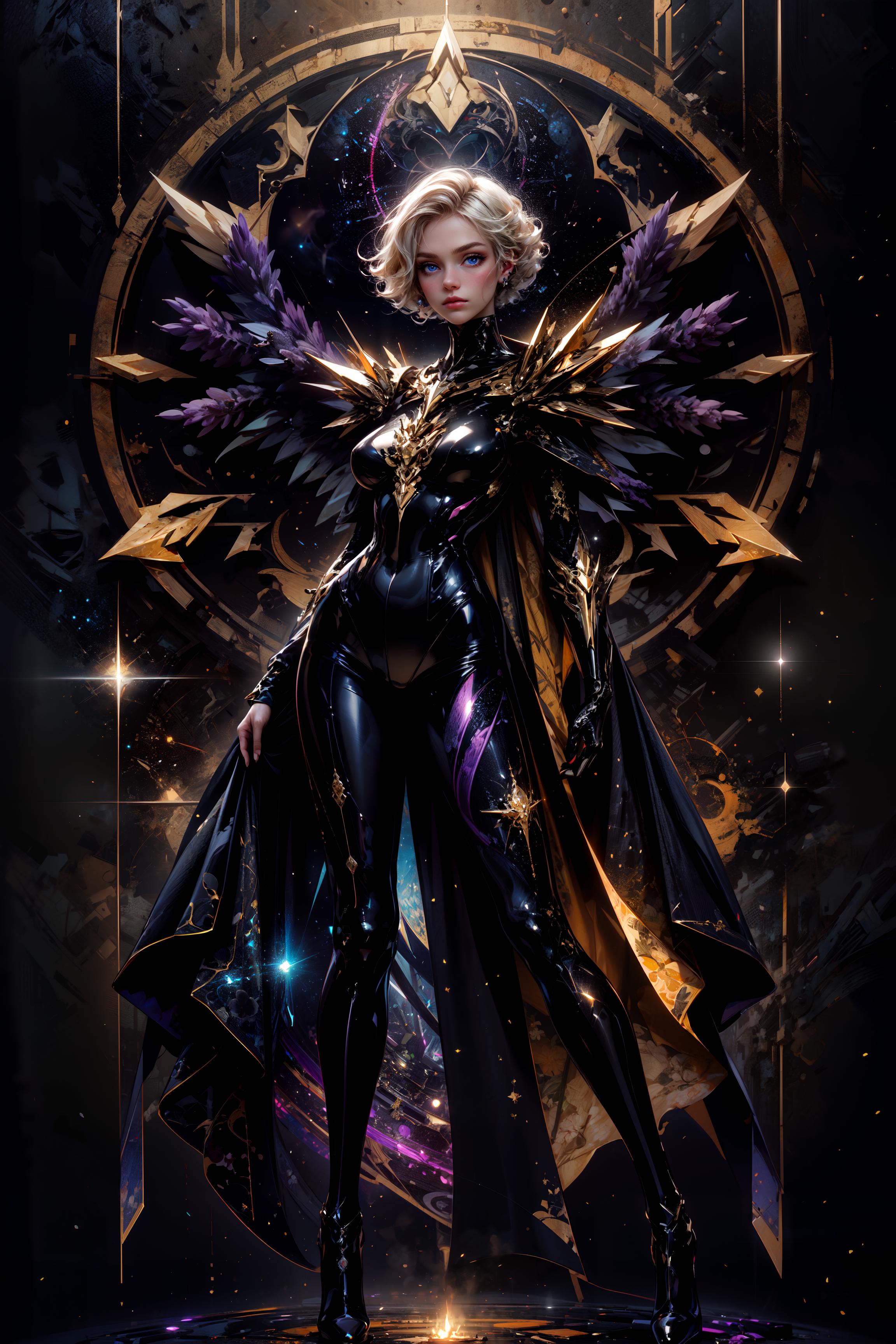 A digital artwork of a woman dressed in a black and gold costume with purple accents and wings, standing in front of a circle.