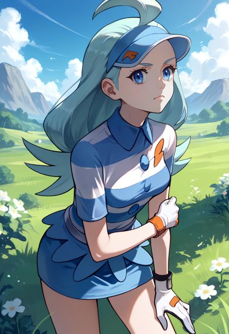 pokemonkahili, ahoge visor cap, striped shirt, short sleeves, white gloves, single glove, blue skirt