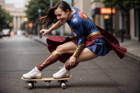 DC movies,supergirl,photo of a 18 year old girl,skating on a skateboard,happy,laughing,fit and petite body,ray tracing,detail shadow,shot on Fujifilm X-T4,85mm f1.2,sharp focus,depth of field,blurry background,bokeh,lens flare,motion blur,<lora:add_detail:1>,