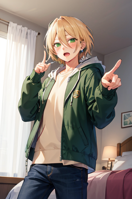 <lora:AiraShiratori-03:0.7> ,aira shiratori, solo, looking at viewer, blush, open mouth, blonde hair, long sleeves, 1boy, hair between eyes, jewelry, green eyes, jacket, male focus, earrings, hood, bed, hoodie, curtains, pointing, green jacket, pointing at self