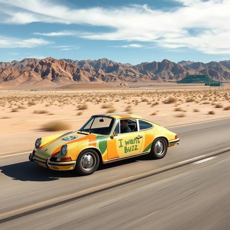 show a classic porsche 911 with a wrap on it saying i want buzz.
driving through a dessert highway at high speed.