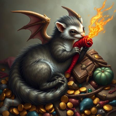 A dragon ferret hybrid, a furry dragon with ferret features, a ferret evolved into a dragon, stealing a rolled up sock, hoarding trinkets and toys mixed with treasure, grabbing red sock, grey  brown  and white colored fur, furry tail, dragon wings, breathing fire, laying on top a pile of hoarded treasure which includes gold coins gems socks and plushies,