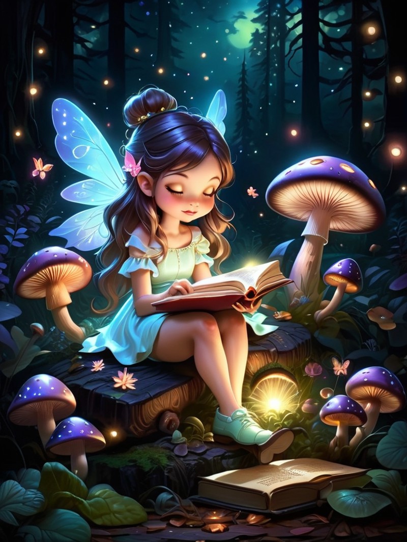 A charming scene of a tiny, magical fairy reading a book atop a mushroom in the moonlight, surrounded by glowing fireflies...