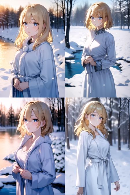 <lora:Seasons-000003:0.8>, 1girl, blonde hair,winter, outside,outfit, lake, outdoors, (masterpiece:1.0), (best quality:1.0), (8k wallpaper:1.0), extremely delicate and beautiful, (beautiful detailed face:1.0), (detailed deep eyes),  symmetrical breasts, deep eyes,