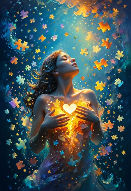 A peaceful and otherworldly scene portrays a figure amidst floating, glowing puzzle pieces representing different individuals and emotions. The figure's eyes, gently closed, subtly reflect faces within their pupils, symbolizing the connection to all. With arms outstretched, the figure embraces a soft, warm light, enveloping the floating pieces and signifying the embrace of all. From the figure's chest, a luminous heart pulsates, representing the love for all. The dreamy background of soft pastels and faint stars fosters a sense of unity, love, and connection among all the pieces.