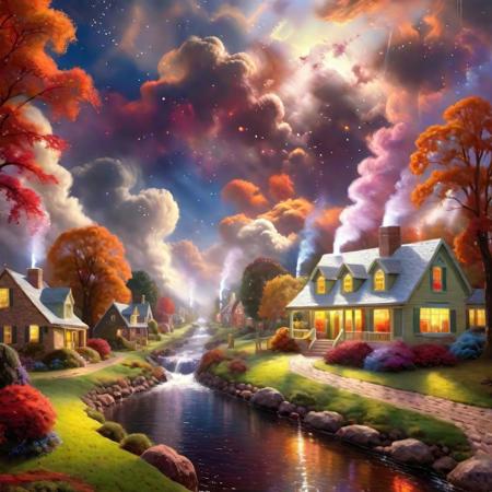 photo realistic, hyper detailed 8k Thomas Kinkade Style village with a large Thomas Cole Style landscape in   Style-Autumn with a sky like a nebula