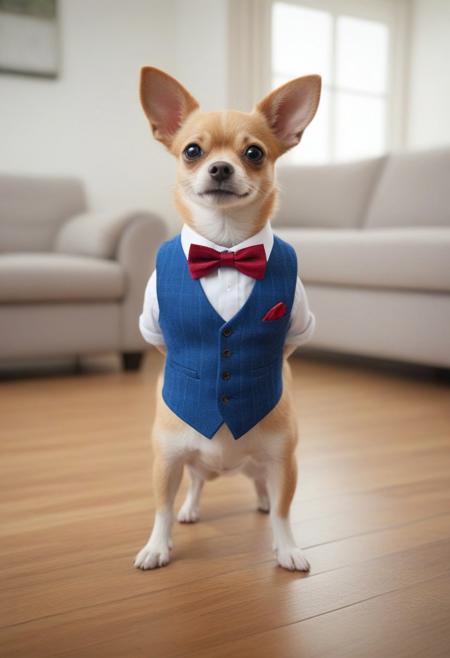 Create a 10-second hyper-realistic video of a lively Chihuahua standing in a normal, upright posture, dressed in a stylish, well-fitted outfit. The Chihuahua is wearing a tailored vest and bow tie, which complement its small frame. The outfit features vibrant colors like blue or red, adding energy to the scene. The Chihuahua moves energetically, wagging its tail, hopping, or playfully shifting its paws in place. Its large, expressive eyes look around curiously, and its ears perk up with excitement. The background is a well-detailed, realistic living room or outdoor setting, with clear, visible elements like a hardwood floor or grass, furniture, or plants. The background has minimal blur, allowing the textures and details of the environment to be fully visible. Natural lighting streams in, casting soft, balanced shadows while keeping the scene bright and lively. The camera follows the Chihuahua’s playful energy with smooth panning, capturing the small, quick movements as the dog bounces or turns its head. The scene is accompanied by light-hearted background sounds, like soft footsteps or distant laughter, adding to the energetic vibe