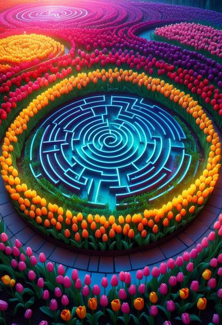 Digital art illustration of a labyrinth, composed of neon lights and holographic images made of tulips, in a surreal setting, resembling a tulip graveyard. The labyrinth is vast, with complex structures and maze-like patterns. The tulips are depicted in a variety of sizes and poses. The atmosphere is mysterious and thought-provoking, with a mix of cold and warm color tones, creating a sense of depth and intrigue. The neon lights are vibrant and dynamic, casting long, dramatic shadows. The holographic images are sharp and detailed, yet dreamlike and ethereal. The overall mood is contemplative and awe-inspiring.