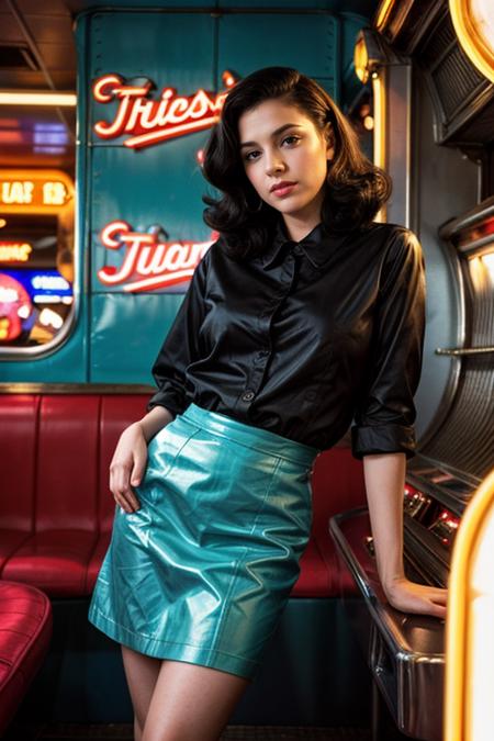 Portrait Photo of an actor in 1960s attire, leaning against a classic diner's jukebox, under vibrant and contrasting lighting, from a slightly tilted angle, embodying the mood of cool and retro <lora:more_details:0.7>  <lora:picxer_real:0.6>