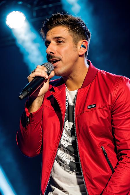 FrancescoGabbani singing onstage in a concert, holding microphone, fashionable jacket <lora:FrancescoGabbaniLora:1>