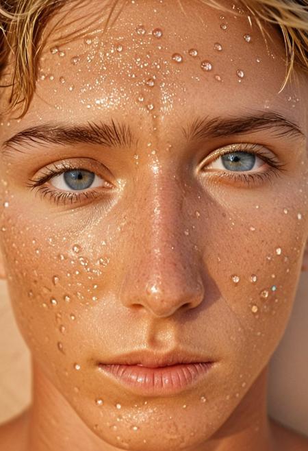 25 yo male model, headshot, skin details, intricate details, skin pores, detailed face, hyperdetailed photography, looking at viewer, sunburnt skin, wrinkles, big eyes, refraction, reflection in the eyes, blushing, sweaty, sweat beads, broken nose, scars, expressive