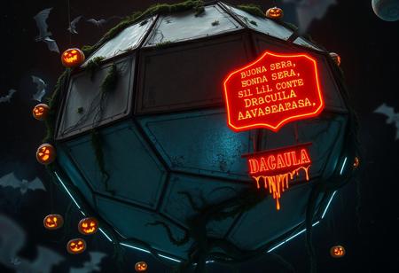 “A massive, decayed geodesic octagon structure floats ominously in the depths of outer space, with metallic panels corroded by dark green moss, rust, and slimy streaks. Flickering neon-blue lines trace the structure’s geometry, casting eerie shadows across its surface. Halloween-style pumpkins with menacing, carved faces drift around the octagon, each one glowing a haunting orange from within. Desiccated vines wrap around the structure, adding an organic, rotting touch. Suspended near the octagon, a glowing, vintage-style sign reads, ‘Buona sera, sono il conte Draculaaaaaaaaaa,’ in dripping, blood-red letters, adding a campy, gothic touch to the scene. Spectral bats swarm around, casting shadowy trails as they pass, while ghostly witches with tattered cloaks ride their broomsticks, leaving smoky mist behind. Nearby, a Dracula figure with a dramatic black cape floats ominously, his eyes glowing a deep red. The distant stars cast a faint, ghostly glow over the scene, while a swirling nebula of purples and oranges enhances the haunted, spacey vibe. Shot with Panavision optics, every detail is captured in ultra-realistic 8K, and Octane Render highlights every eerie texture and supernatural element, making for a spine-chilling, cinematic Halloween atmosphere.”