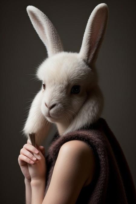 (masterpiece, best quality, stunning, highly detailed, close-up view of a rabbit-sheep hybrid creature, (intricate furs, detailed wool, luxury rabbit ears, detailed silver horns, majestic horns, silver rabbit incisors, soft hair  ), dramatic lighting, HDR, (mythical, fantasy), oil painting), legendary creature, trending on artstation