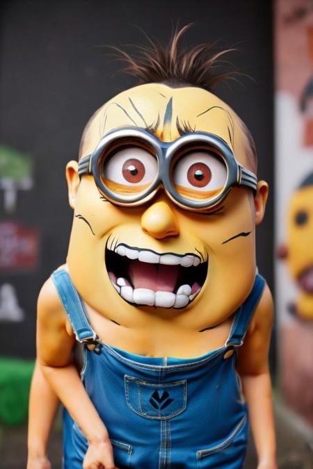 Skeleton_paint, skeleton face paint, evang, skeleton paint ,blue overalls, despicable Me Minion, laugh hysterically, mischievous glee,