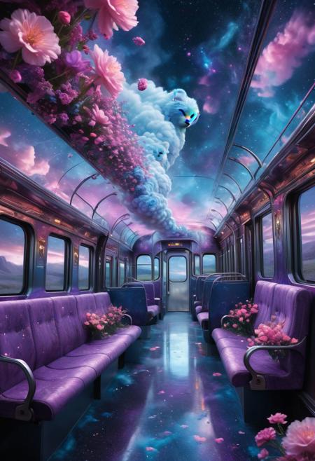 Hyperrealistic train detailed with blooming flowers, ethereal cloud animals with shimmering outlines, passengers gazing in awe, vast sky with swirling galaxies, cosmic colors (purples, blues, pinks), dramatic lighting, mystical atmosphere