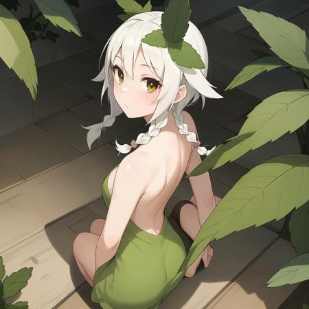 (masterpiece, best quality:1.1), (mxnt, 1girl:1.15), twin braids, solo, mint leaves, white hair, leaf dress, indifferent, looking back