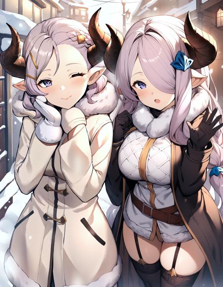 (2girls:1.3) ,outdoors, snowing town,walk close together,looking at viewer,
BREAK
<lora:Larunamom-animagine3-000007:0.7> 1girl,  gbflaruna,hairclip,  horns,light smile,one closed eyes, closed mouth,hand on own cheek,  winter_coat, winter_clothes ,fur, coat ,mittens,scarf ,
BREAK
1girl, (narmaya,granblue fantasy:1.1), horns, draph, hair over one eye, purple hair,smile,waving,winter_clothes ,fur, coat  black garter straps, black gloves, fur-trimmed dress, ;o,, masterpiece, best quality