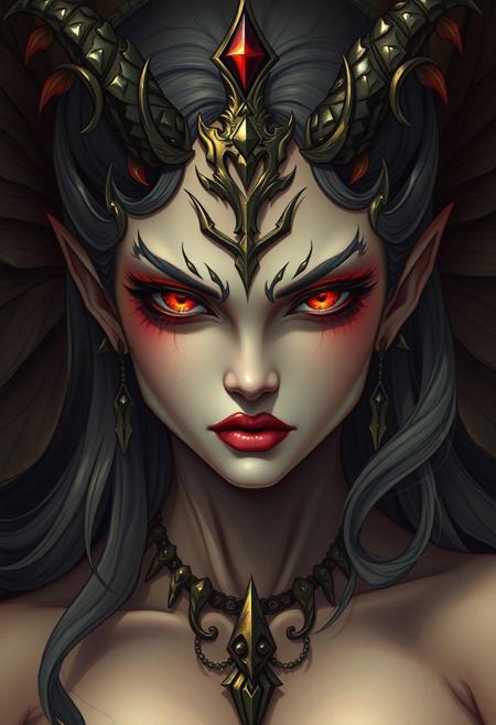 A majestic and terrifying portrait of a beautiful sexy demoness, rendered in a harmonious fusion of anime aesthetics, Art Nouveau, with flowing lines, intricate details, dreamlike quality and minimalistic interpretation  of Baroque oil painting with influences from Michelangelo and William Blake. The lighting is dramatic and theatrical, casting deep shadows and emphasizing the demoness attractive features. The overall impression is one of overwhelming power and demonic majesty, conveying the essence of an ancient deity through a masterful combination of anime style, nouveau, realism, fantasy and baroque techniques.