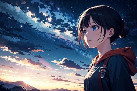 close view, 
1girl, shining sky, vast world, gazing, awe-inspiring expression, distant horizon, clouds, high hill, natural beauty, inspiration, night sky, Shining Stars,