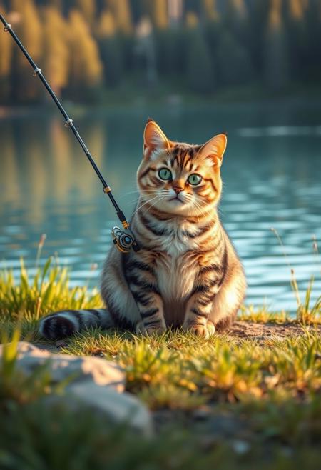 A mischievous chubby cat, tabby-patterned with green eyes,  cat sitting on a grassy lake shore, holding a fishing rod, serene blue water reflecting the sunlight, gentle ripples in the lake, peaceful forest background, soft golden hour lighting, highly detailed,