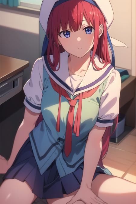 kotorishirakawa, <lyco:kotorishirakawa-LYCORIStest:1>,
kotori shirakawa, long hair, blue eyes, red hair,  (small breast:1.2),
BREAK skirt, hat, school uniform, short sleeves, socks, puffy sleeves, puffy short sleeves, beret,
BREAK looking at viewer,
BREAK indoors, classroom, 
BREAK <lora:GoodHands-vanilla:1>, (masterpiece:1.2), best quality, high resolution, unity 8k wallpaper, (illustration:0.8), (beautiful detailed eyes:1.6), extremely detailed face, perfect lighting, extremely detailed CG, (perfect hands, perfect anatomy),