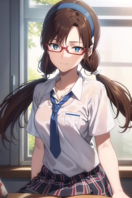 marimakinami, <lora:mari makinami rebuild-lora-nochekaiser:1>,
mari makinami, long hair, brown hair, twintails, (low twintails:1.5), hairband, blue hairband, blue eyes, (parted bangs:1.5), smile,
BREAK skirt, thighhighs, school uniform, pantyhose, necktie, plaid, plaid skirt, shirt, white shirt, collared shirt, short sleeves,  glasses, opaque glasses,
BREAK indoors, classroom,
BREAK looking at viewer, (cowboy shot:1.5),
BREAK <lyco:GoodHands-beta2:1>, (masterpiece:1.2), best quality, high resolution, unity 8k wallpaper, (illustration:0.8), (beautiful detailed eyes:1.6), extremely detailed face, perfect lighting, extremely detailed CG, (perfect hands, perfect anatomy),