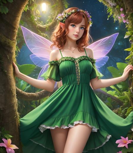 masterpiece, 8k, perfect ligthing, , adult, female, full body shot, looking at viewer, Arm behind back, cinematic lighting, Hair curled at the ends, (dress:1.8), (extra long fairy wings), long wings, green clothes, clothes made from petals, Auburn Hair, (pointy ears), (detailled eyes), green eyes, emerald eyes, shrunken, Looking confused, blush, pixiedust, jungle, flowers, treehouse, night,