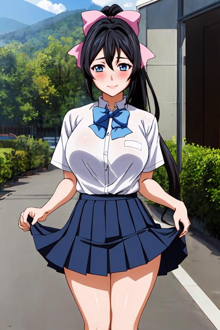 (masterpiece, best quality:1.2), highres, anime screencap, anime coloring, 1girl, solo, blush, seductive smile, 
Chitose_Yukino_V1, black hair, long hair, hair between eyes, high ponytail, hair bow, pink hair bow, blue eyes, large breasts, 
school uniform, white shirt, short sleeves, blue bowtie, blue skirt, pleated skirt, 
standing, skirt hold, thighs, 
outdoors, facing viewer, looking at viewer, 
<lora:add_detail_CyberAlchemist:0.4>, <lora:GoodHands-beta2:0.8>, <lora:ChitoseYukinoV1_2-000010:0.85>