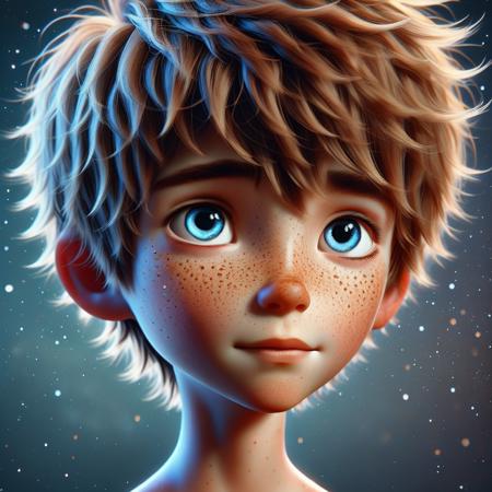 and his cheeks are adorned with numerous freckles, captivating gaze., This is a digital drawing in a stylized, peachy complexion with a scattering of freckles across his cheeks and nose. His eyes are the most striking feature, messy hair, sky, This is a highly detailed, male child, with a subtle sparkle reflecting light, close-up, depicting a young boy with a strikingly expressive face. The boy has a heart-shaped face, semi-realistic style, profile, with a delicate, vivid blue eyes that dominate the image. The boy's skin is a light complexion with a scattering of freckles across his cheeks and nose, digital CGI image of a young boy with a fantastical, with intricate details in the iris and pupil., youthful face with a prominent forehead and a small, styled in a tousled, light tan color, starprince_jan. freckles, digital drawing of a young boy with a realistic, digital illustration in a realistic style