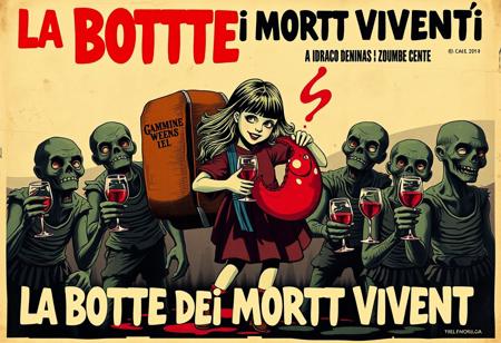 Create a vintage-style Italian horror-comedy poster for La Botte dei Morti Viventi (The Cask of the Living Dead), a playful sequel to The Enorcist. Set in a spooky 1970s Italian countryside, the poster should show the now-possessed little girl carrying her inseparable wine cask, joyfully sharing wine with a group of delighted zombies. These undead characters should have a humorous twist, with goofy smiles and wine glasses in hand, eagerly waiting for a pour.
The design should echo classic horror posters with bold, dramatic colors, dark shadows, and eerie lighting but with a satirical undertone. Include Italian text for authenticity, using retro 70s typography. Show the girl pouring wine from the cask with a ghostly glow or red wine-colored mist emanating from it. Add small, fun details like wine bottles scattered around, some broken, and happy zombie faces with purple wine-stained lips. For extra effect, age the poster with tears, faded colors, and a slightly rotten, crumpled paper look, as if it has been plastered on a wall since the 70s.