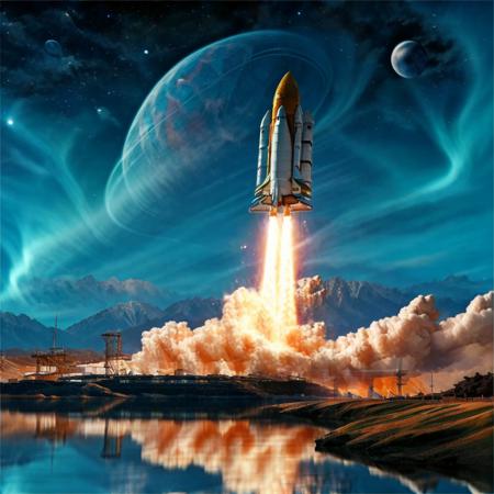 Rocket, reflection, lake, water, space, planet, no humans, ground vehicle, cloud, sky, flying, star_\(sky\), city, science fiction , super-reaslitic, 8k, best quality, moon,  <lora:rocketStart:0.95>