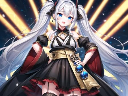 Urayodo,twintails, blue eyes,white hair,hair ornament, black nail, black dress,wide sleeves, black thighhighs, 